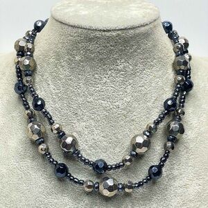 Vintage Robert Rose Necklace Black Silver Hematite Beaded 2 Layer Necklace Boho